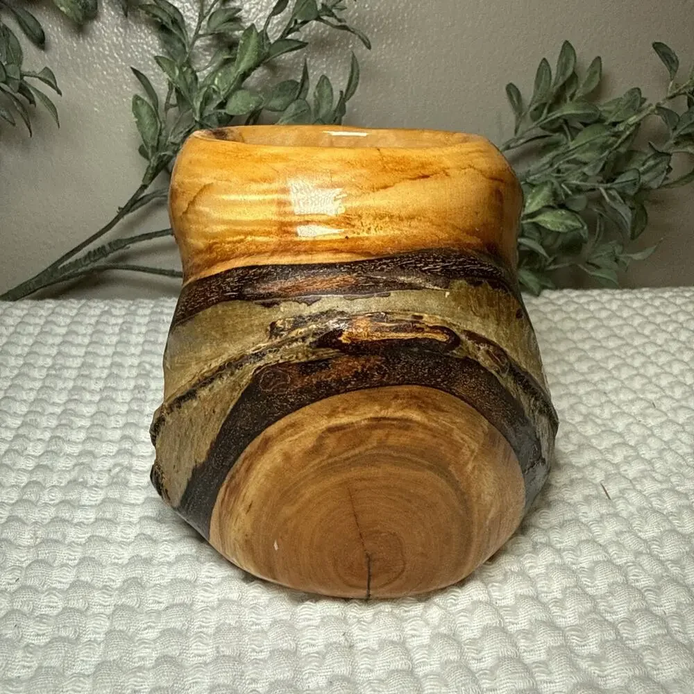 Hand Turned Natural Edge Wood Vase Studio Art Decorative Vessel Rustic 4” Vtg
